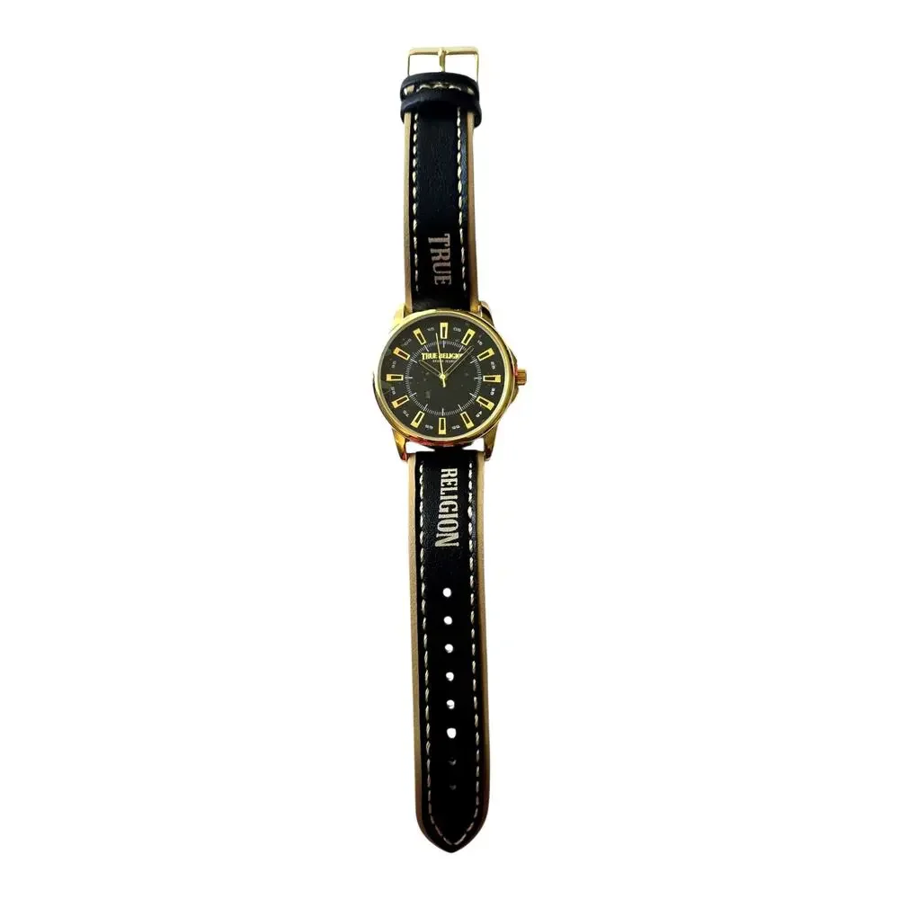True Religion Men’s Watch Black Gold Dial TRM107 Analog Leather Strap Fashion